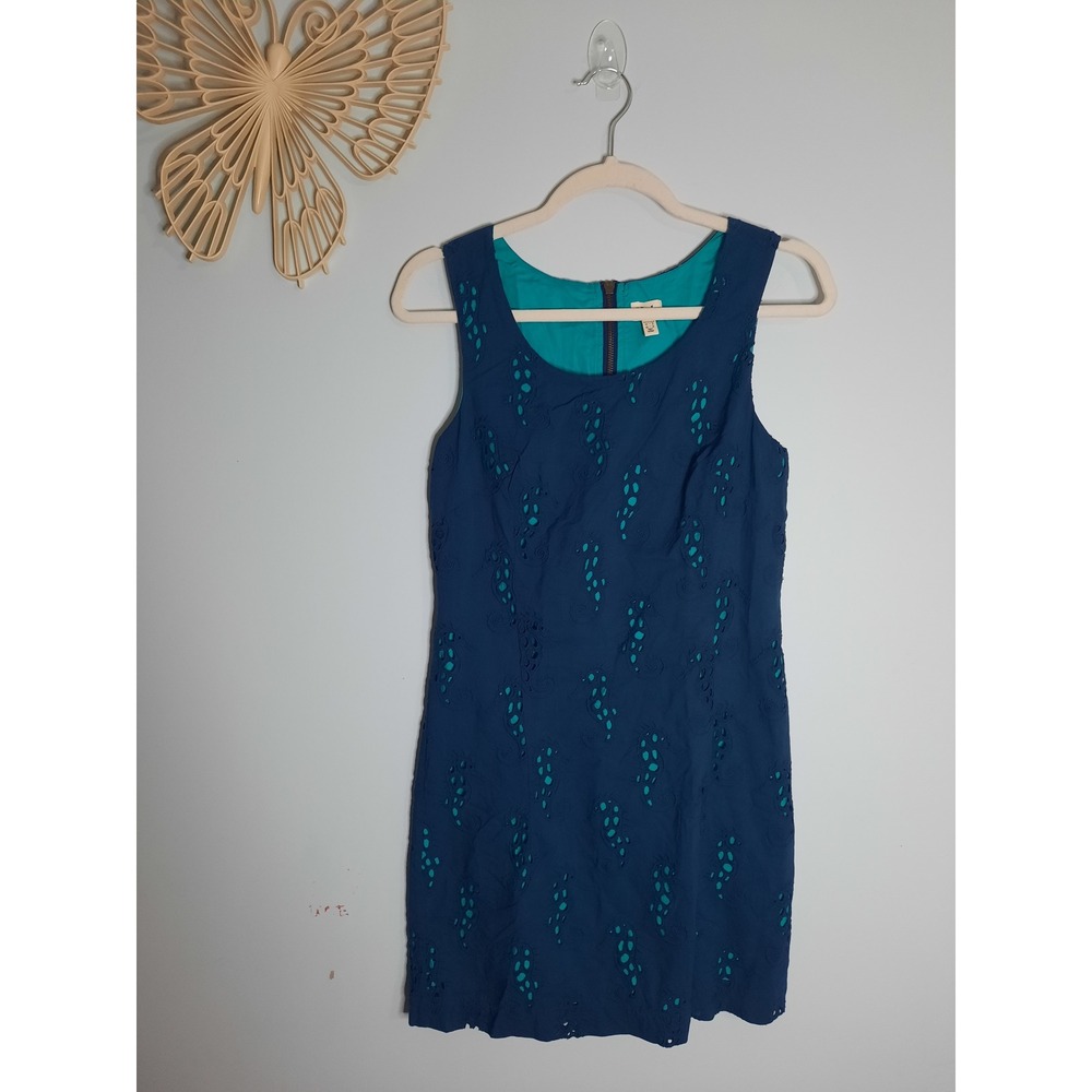 Hatley Womens Navy Blue Seahorse Eyelet Shift Dress Teal Lining Size 2 Cotton